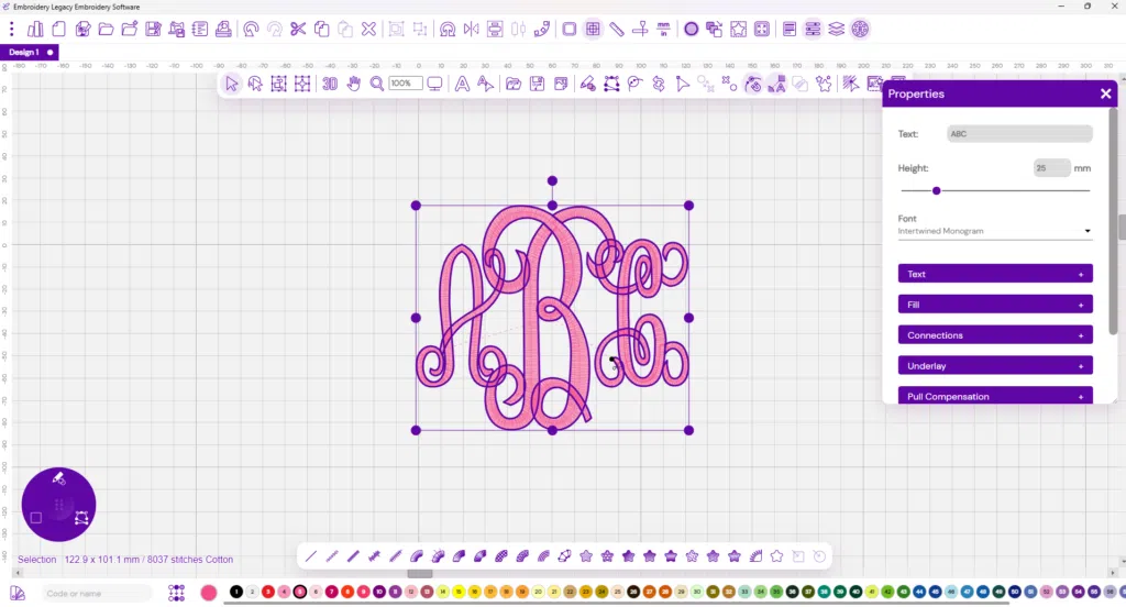 screenshot of Embroidery Legacy software monogram