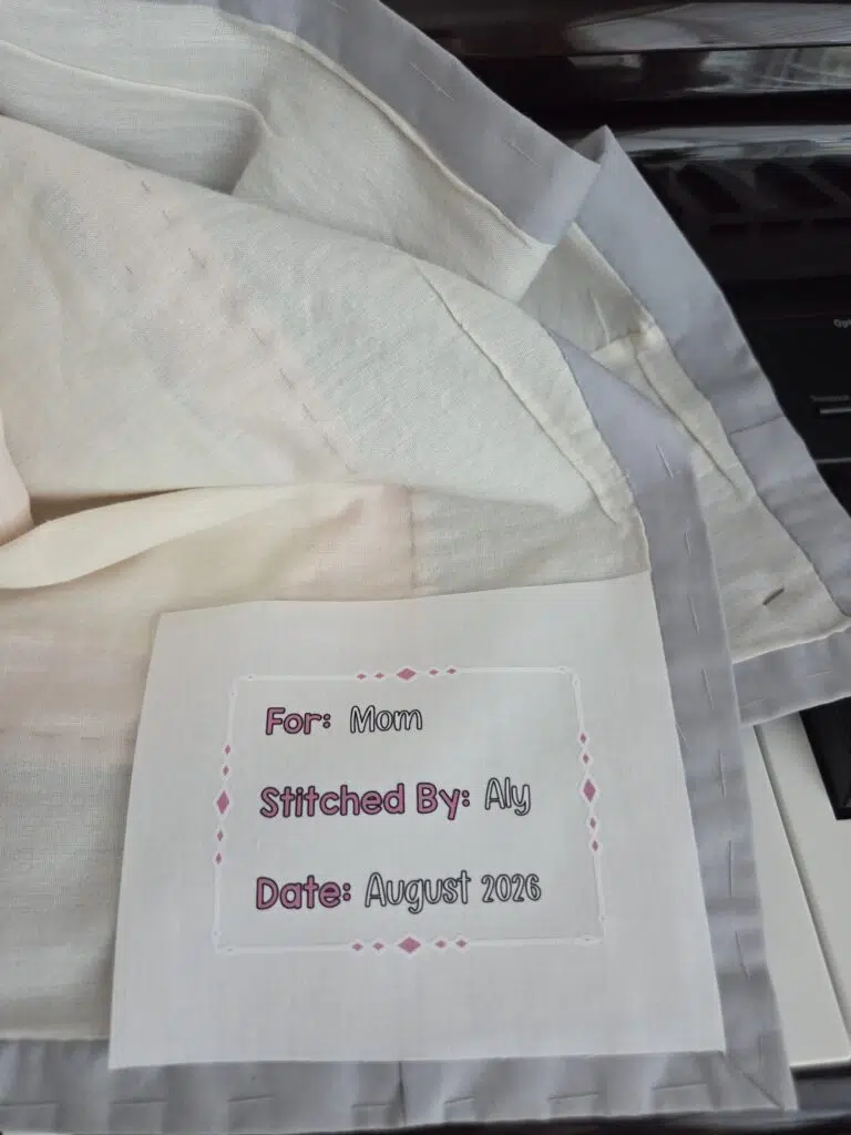 the finished quilt label